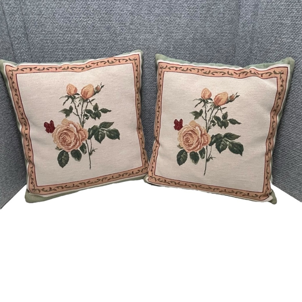 Pair of Vintage Rose Double-Sided Tapestry Pillows 13” x 13.5”